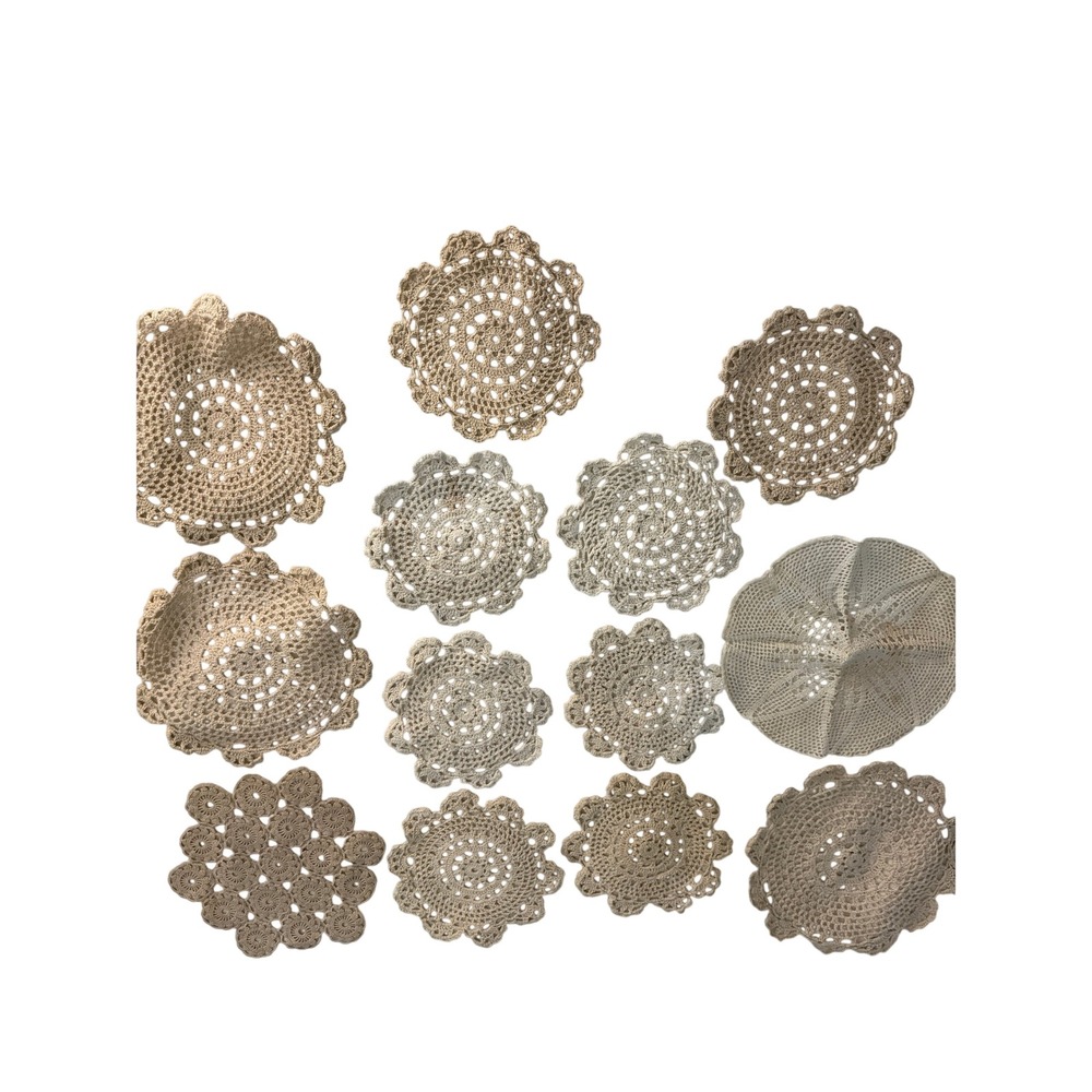 Vintage Tatted Doilies Lot of 13 Offwhite Handmade Lace Round Mixed Sizes